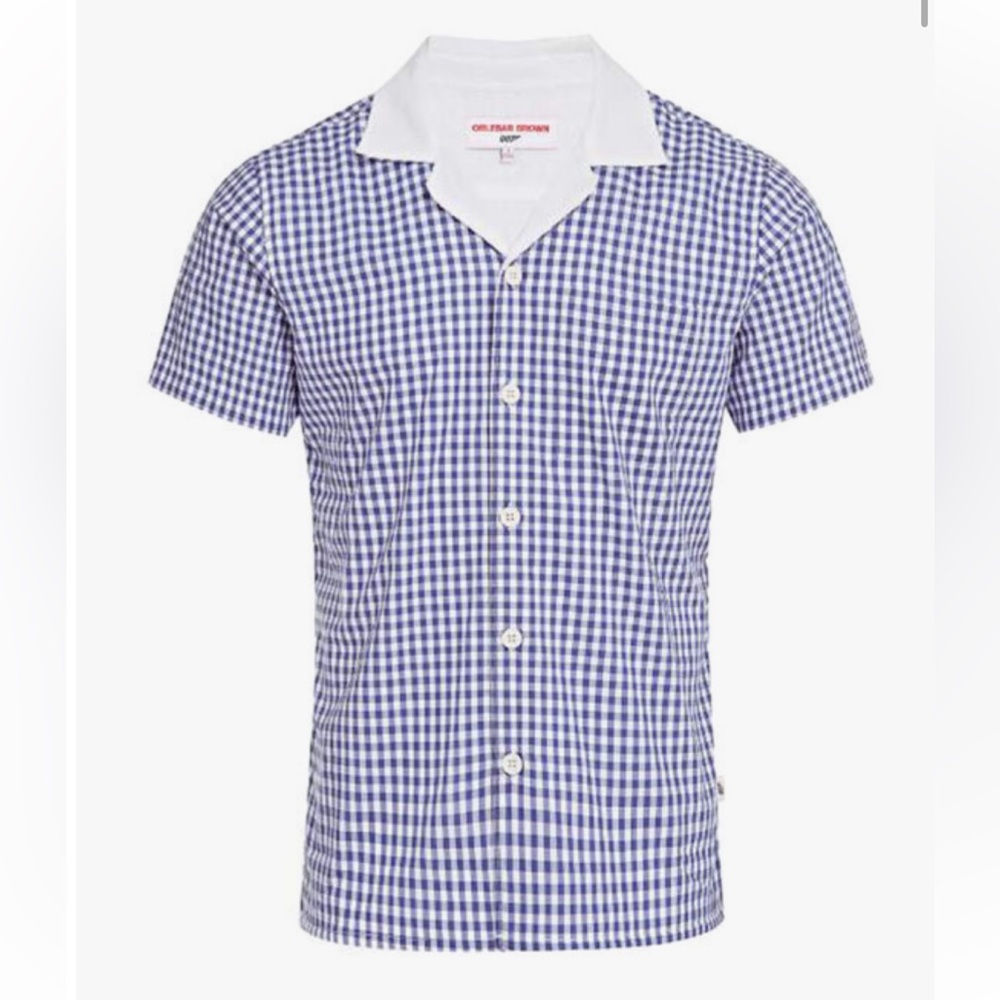 ORLEBAR BROWN Towel Terry Lined Thunderball Blue Gingham Short Sleeve Shirt